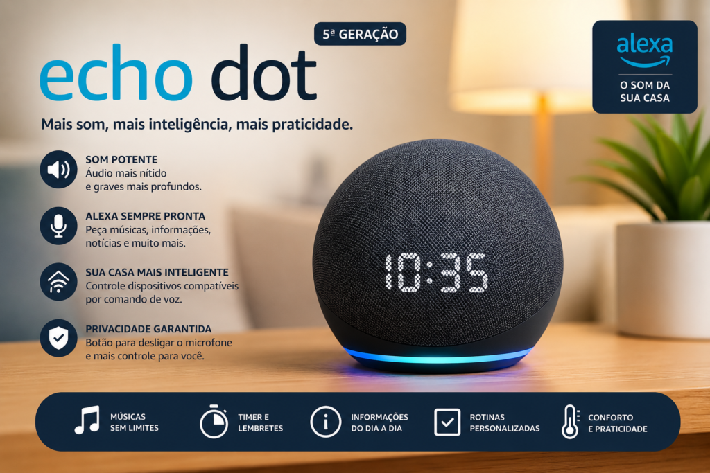 Echo Dot 5ª Geração da Amazon em ambiente moderno com Alexa para casa inteligente