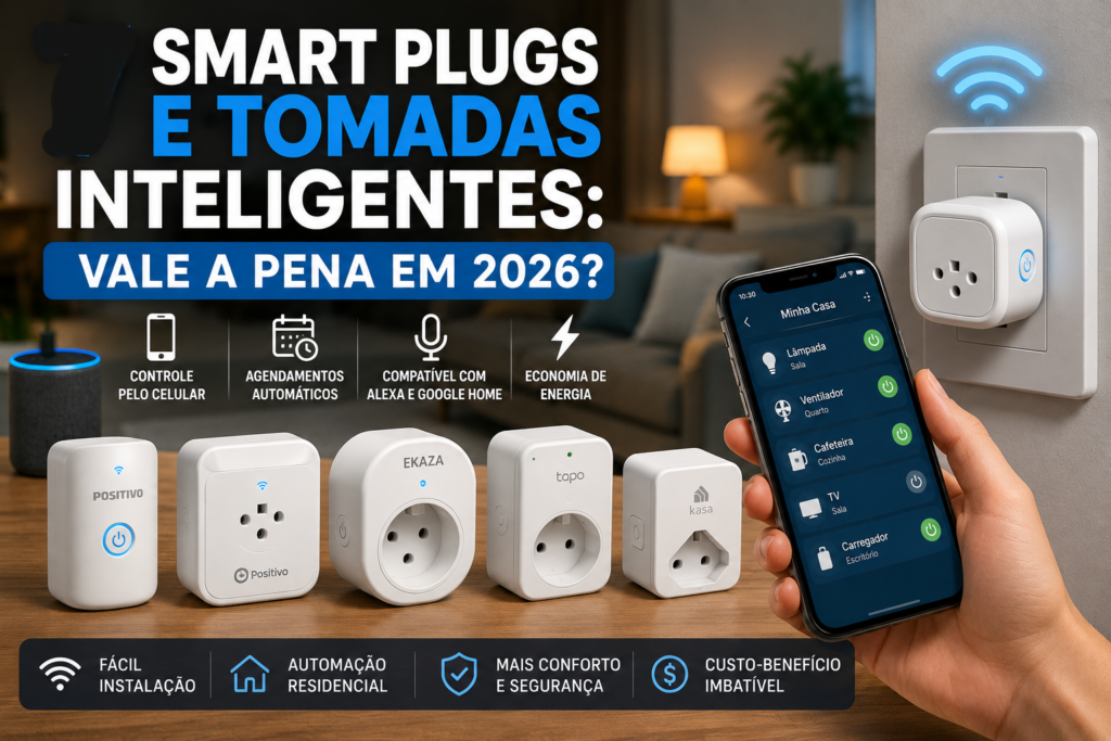 Smart plug Wi-Fi conectado em tomada residencial com controle por aplicativo em casa inteligente