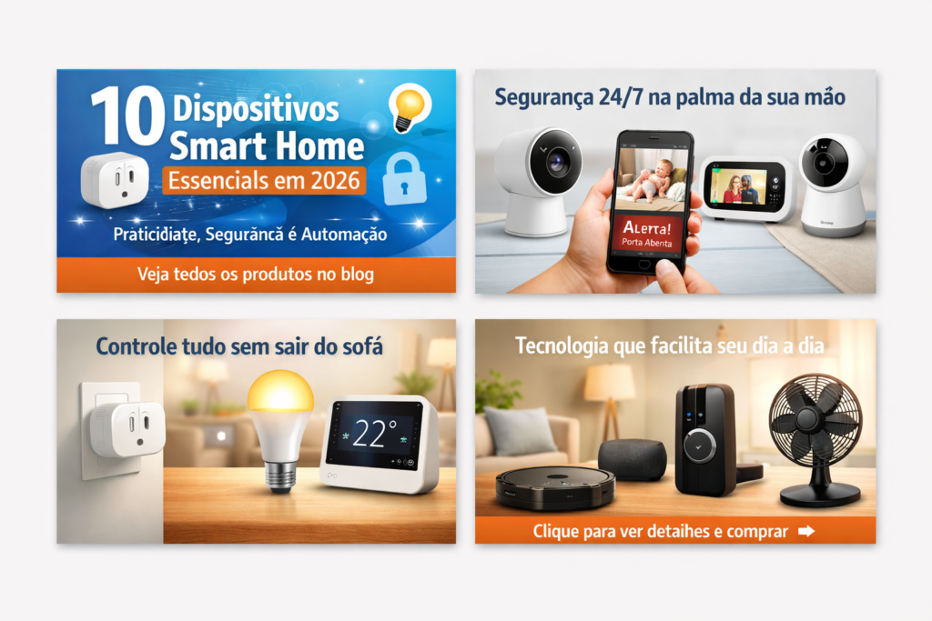 Carrossel com 10 dispositivos smart home, incluindo câmeras Wi-Fi, lâmpadas inteligentes, smart plugs e robô aspirador para automação residencial