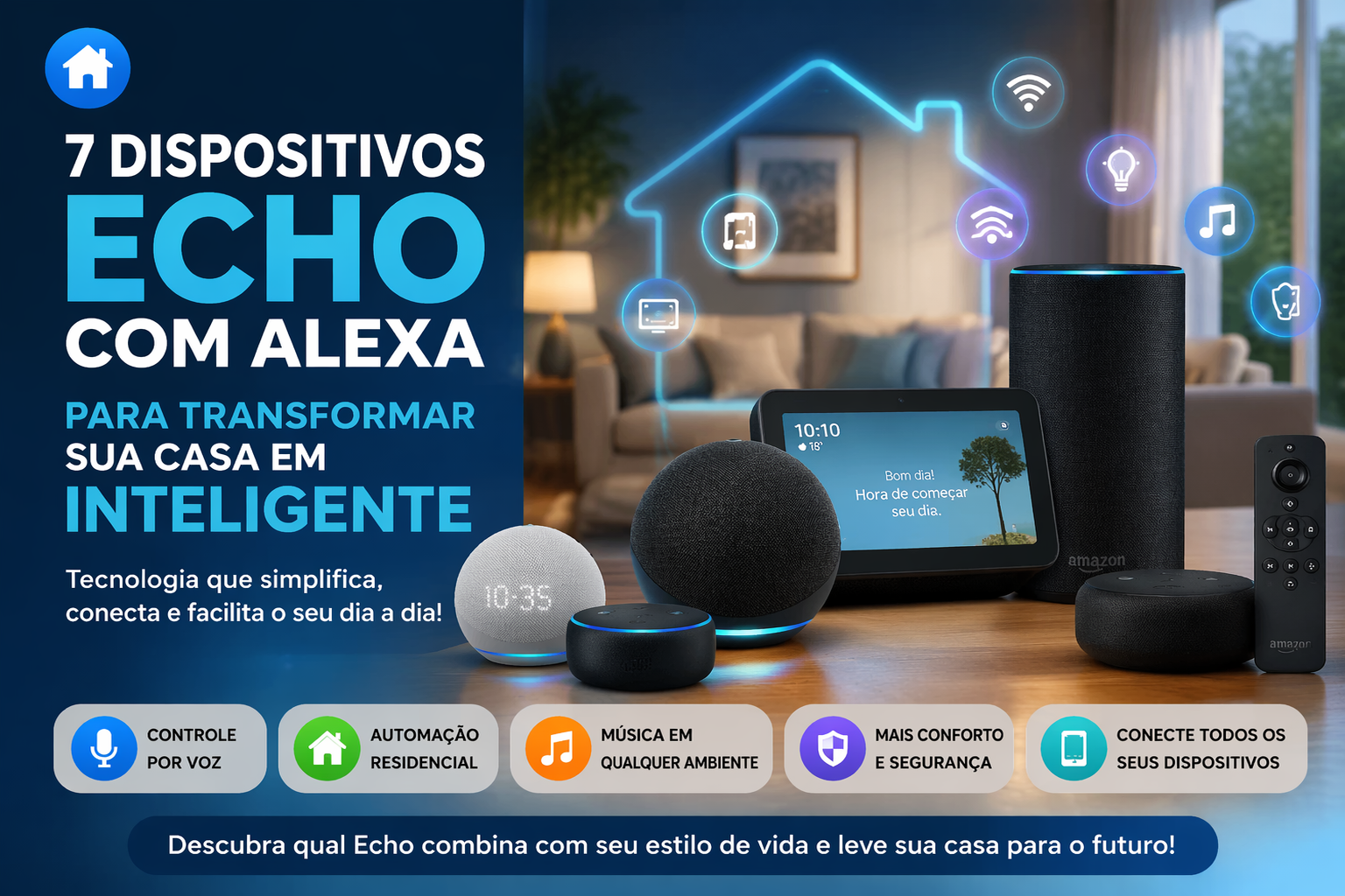Dispositivos Echo com Alexa em ambiente moderno de casa inteligente, destacando automação residencial, controle por voz e conectividade smart home em 2026.