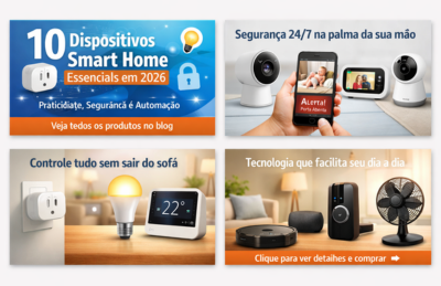 Imagens de dispositivos smart home como câmera de segurança, lâmpada inteligente, smart plug e robô aspirador para casa conectada