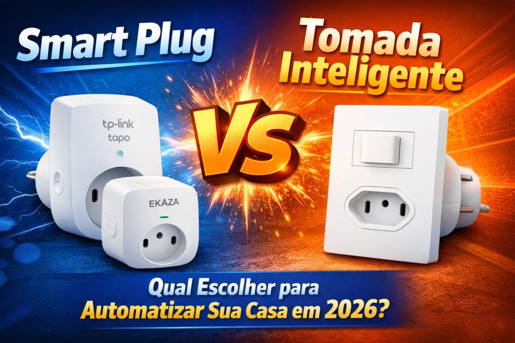 Tomada inteligente Wi-Fi em uso controlando eletrodomésticos pela Alexa e aplicativo no celular em casa moderna