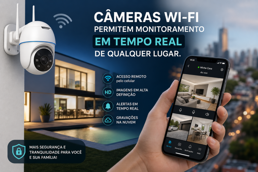 Câmeras de segurança Wi-Fi modernas instaladas em ambiente residencial inteligente com monitoramento remoto e proteção da casa.