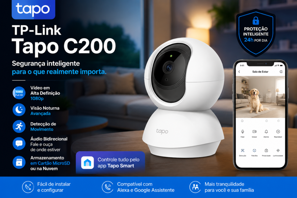 Câmera de segurança Wi-Fi TP-Link Tapo C200 com rotação 360°, resolução Full HD 1080p, visão noturna e detecção de movimento para monitoramento residencial em tempo real.