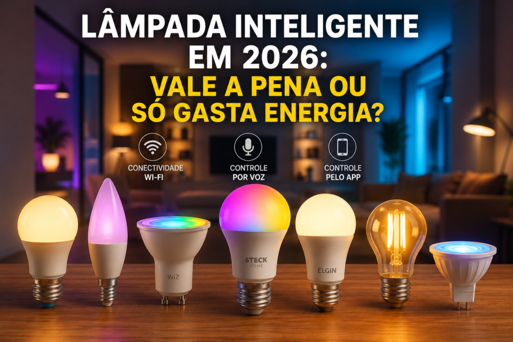 Lâmpada inteligente conectada por Wi-Fi em ambiente moderno, destacando automação residencial, controle por aplicativo e eficiência energética