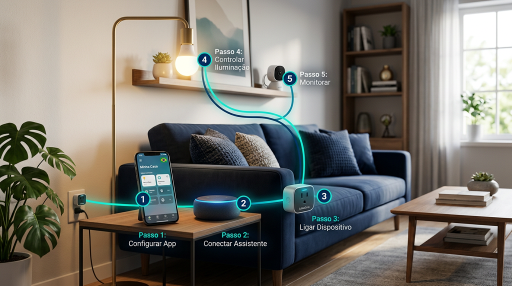 Tela de configurações de aplicativo de casa inteligente sendo ajustada em smartphone para automação residencial