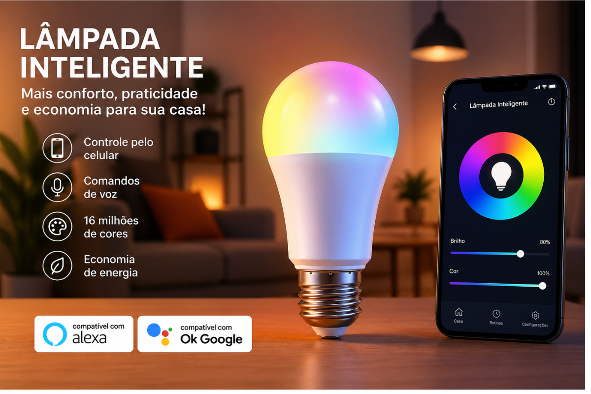 lâmpada inteligente LED com controle por aplicativo e comando de voz em casa moderna com iluminação RGB