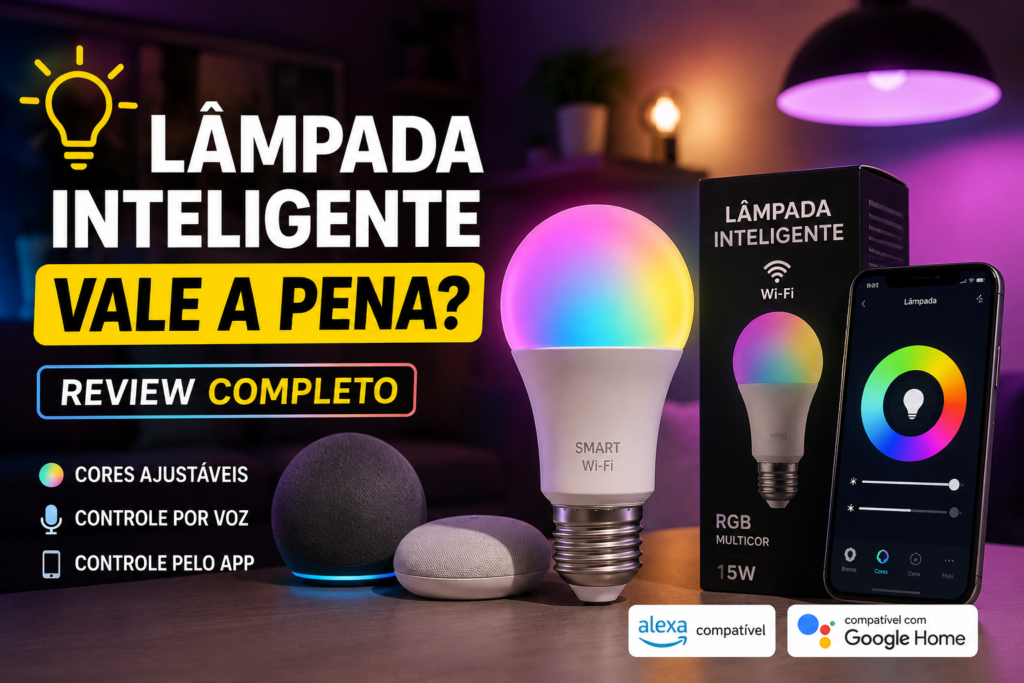 Lâmpada inteligente RGB compatível com Alexa e Google Home controlada por aplicativo em ambiente moderno de casa inteligente