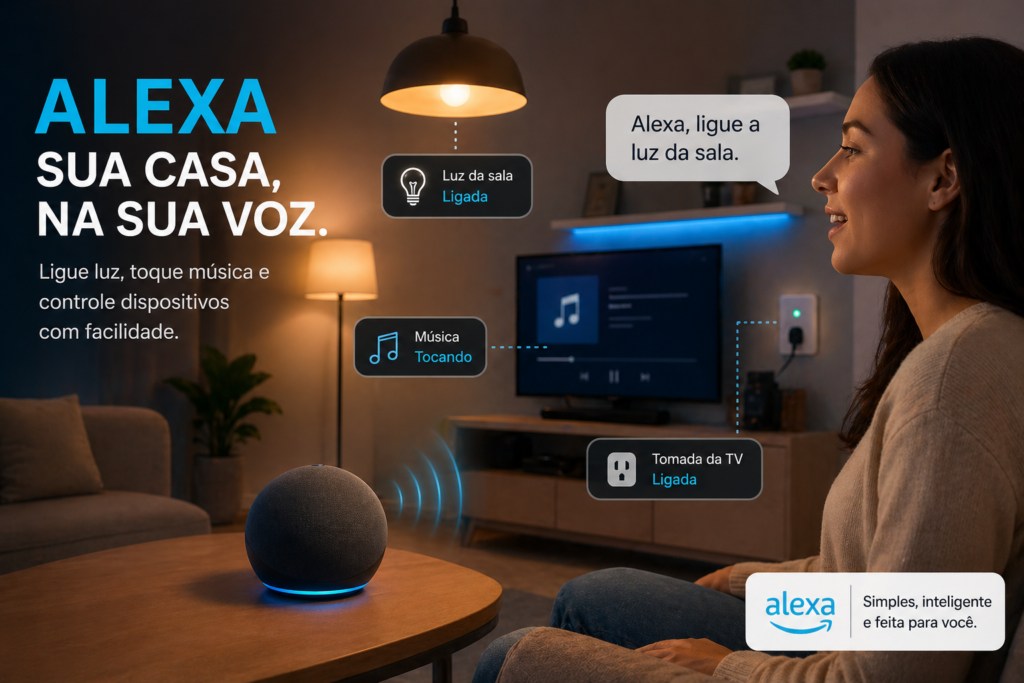 Rotinas Alexa automatizando iluminação inteligente, dispositivos smart home e comandos de voz em casa moderna