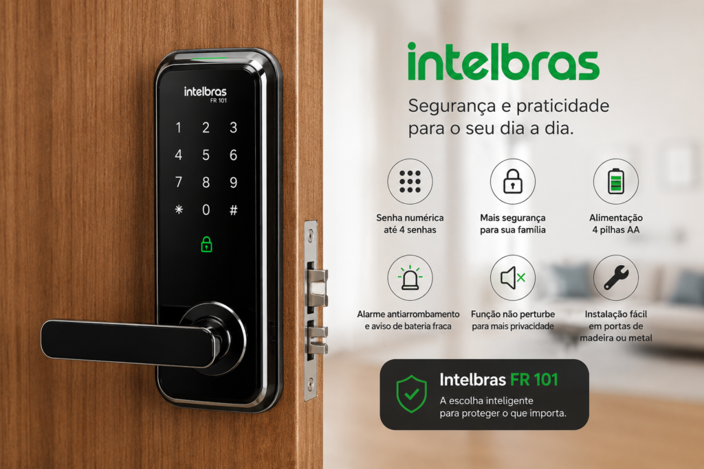 Fechadura digital Intelbras FR 101 com senha numérica touch instalada em porta moderna para segurança residencial inteligente