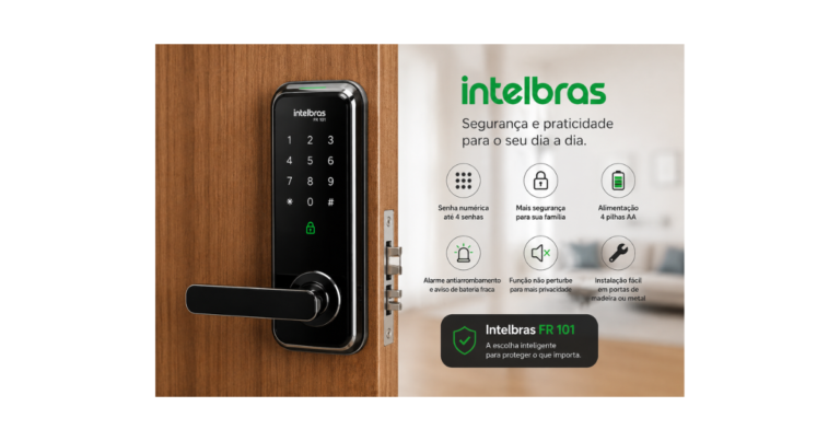 Fechadura digital Intelbras instalada em porta residencial moderna com acesso por senha e design inteligente para segurança da casa