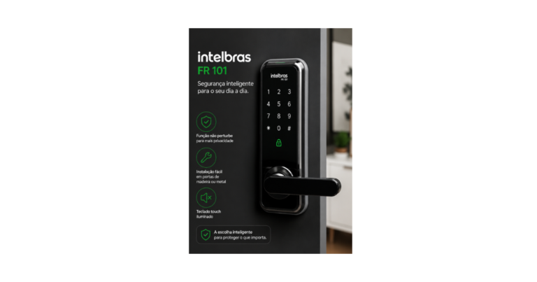 Fechadura digital Intelbras FR 101 com teclado touch iluminado instalada em porta moderna para segurança residencial inteligente