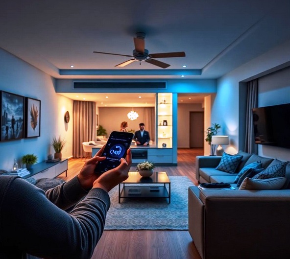 Pessoa usando o aplicativo Alexa no smartphone para criar rotinas de automação em casa inteligente com luzes e dispositivos conectados