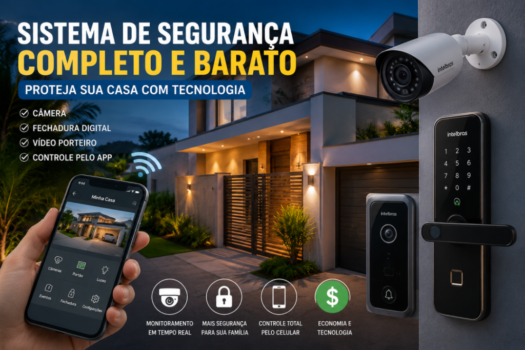 Sistema de segurança residencial inteligente com câmera, fechadura digital e vídeo porteiro Intelbras Allo W5 controlados por aplicativo no celular em casa moderna automatizada.