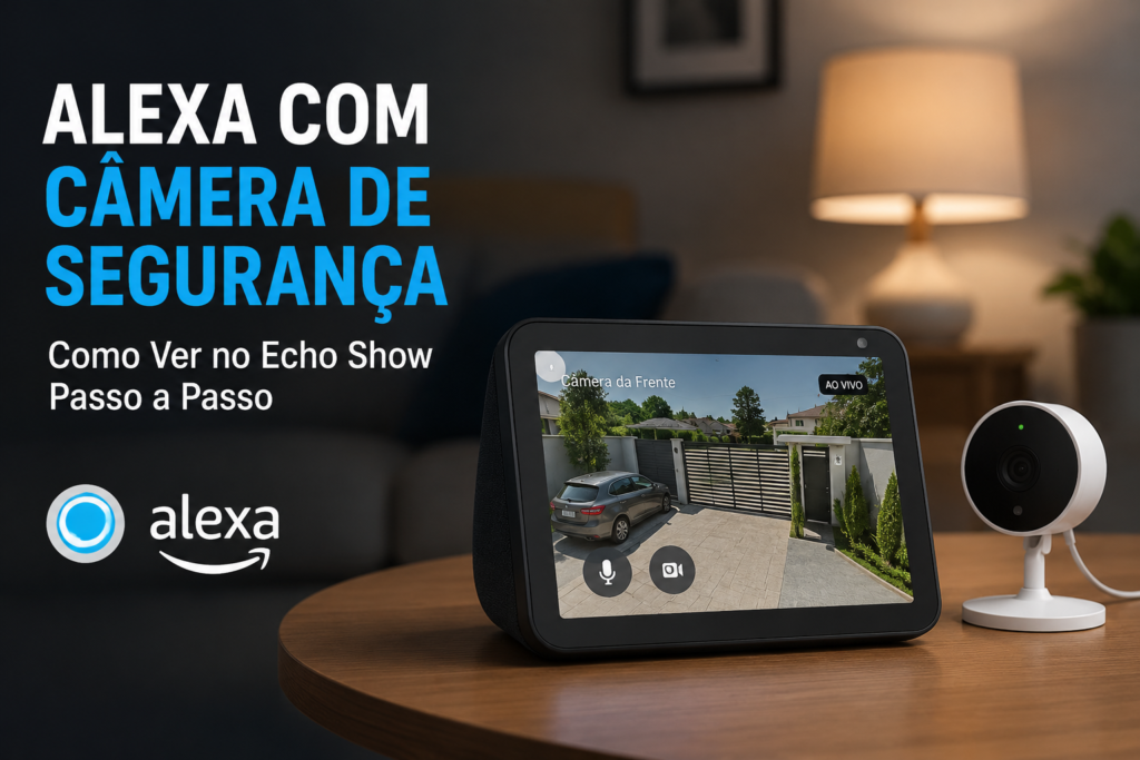 Alexa exibindo câmera de segurança no Echo Show em casa inteligente moderna