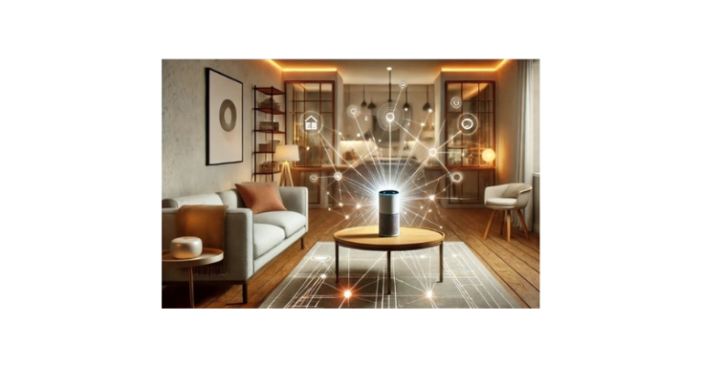 Casa inteligente automatizada usando comandos Alexa para controlar iluminação, dispositivos smart home e automação residencial