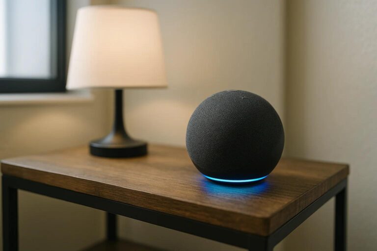 Echo Dot Alexa em casa inteligente moderna com automação residencial e comandos de voz