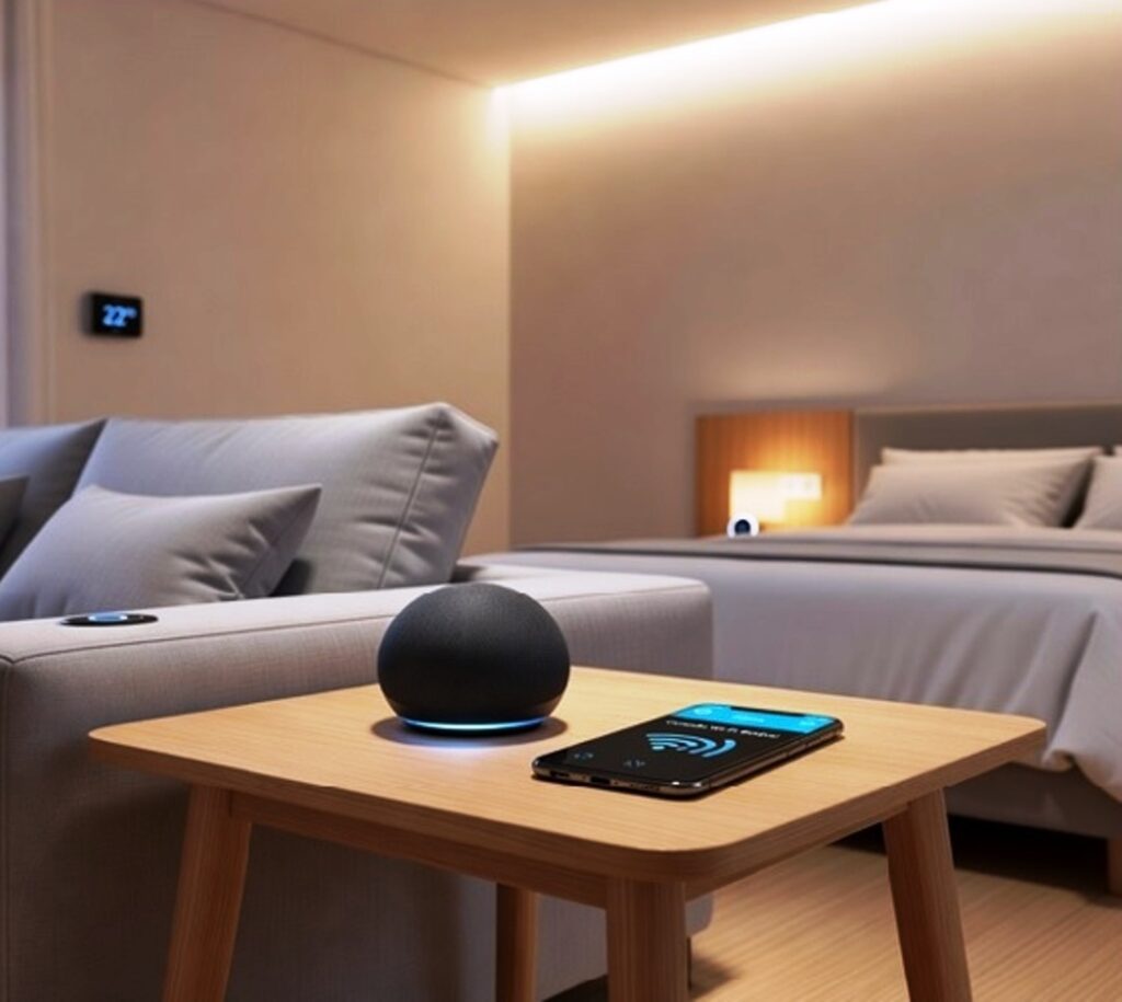 Echo Dot configurando rotinas da Alexa no PC para automação de casa inteligente com dispositivos conectados em 2026