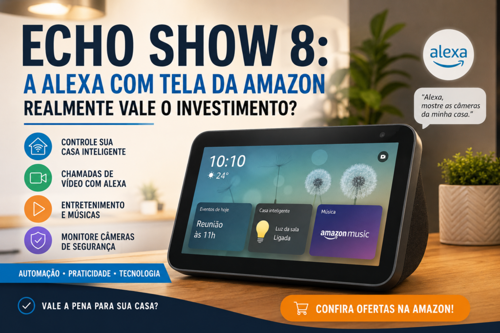 Echo Show 8 da Amazon com Alexa integrada em ambiente moderno de casa inteligente