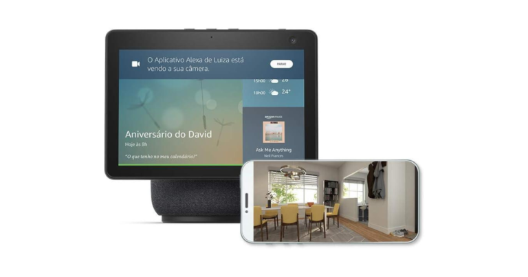 Echo Show exibindo câmera de segurança conectada à Alexa em casa inteligente com monitoramento em tempo real pelo aplicativo no PC em 2026