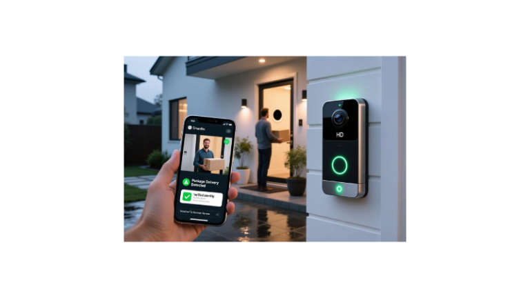 Campainha inteligente Eufy Security E340 instalada na entrada de uma casa moderna, mostrando vídeo porteiro com câmera dupla, visão noturna e controle pelo celular em aplicativo de segurança residencial