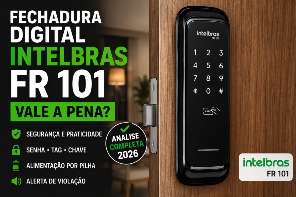 Fechadura digital Intelbras FR 101 instalada em porta residencial moderna, análise completa de desempenho e segurança em 2026
