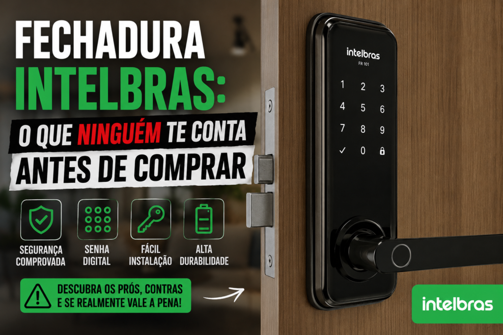 Fechadura digital Intelbras FR 101 instalada em porta residencial com teclado touch e sistema de segurança inteligente moderno