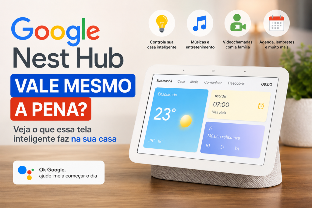 Google Nest Hub exibido em ambiente de casa inteligente mostrando funções de controle, entretenimento e assistente virtual