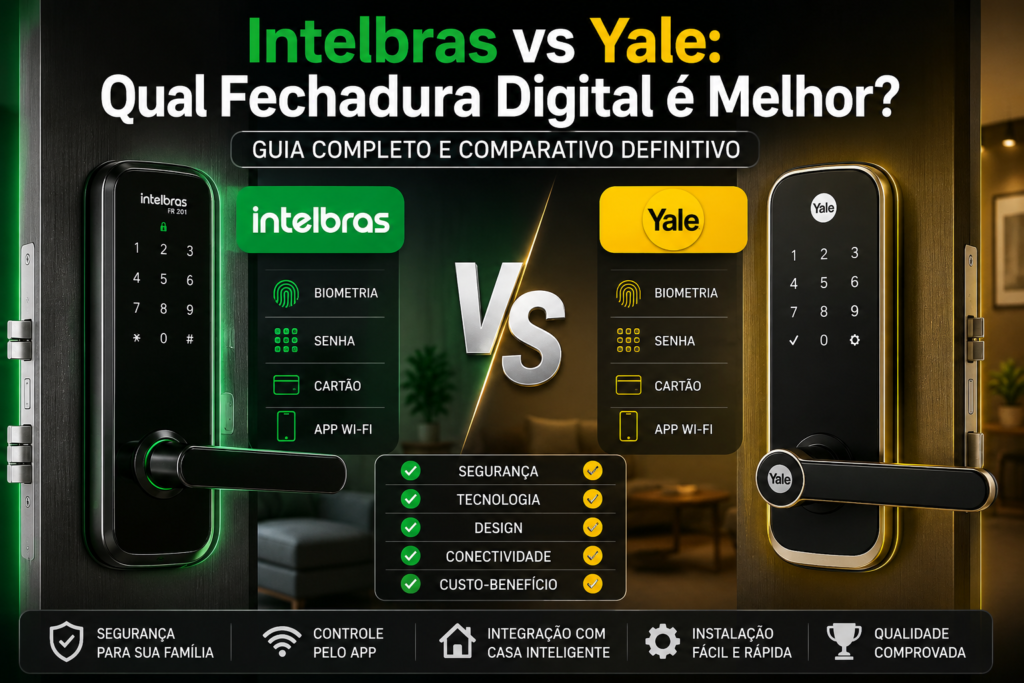 Fechadura digital Intelbras ou Yale comparativo em 2026 mostrando diferenças de segurança, custo-benefício e recursos para escolha da melhor fechadura inteligente residencial
