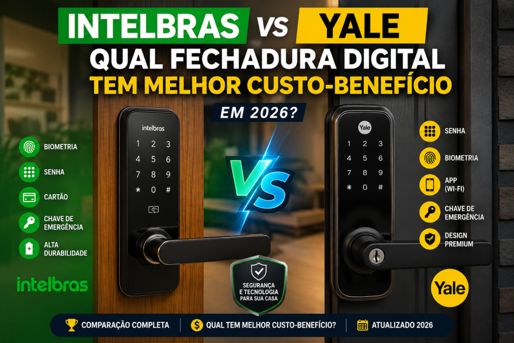 Comparação entre fechaduras digitais Intelbras e Yale mostrando qual tem melhor custo-benefício em 2026 para segurança residencial