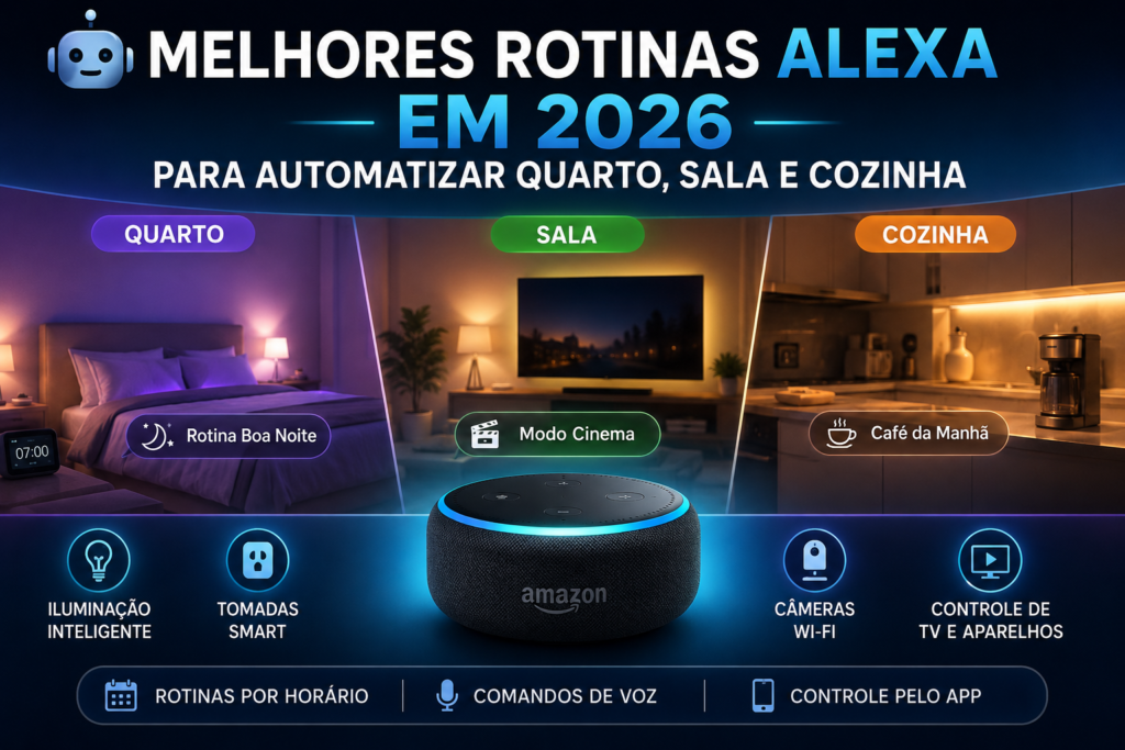 Casa moderna com automação inteligente controlada por Alexa em quarto, sala e cozinha