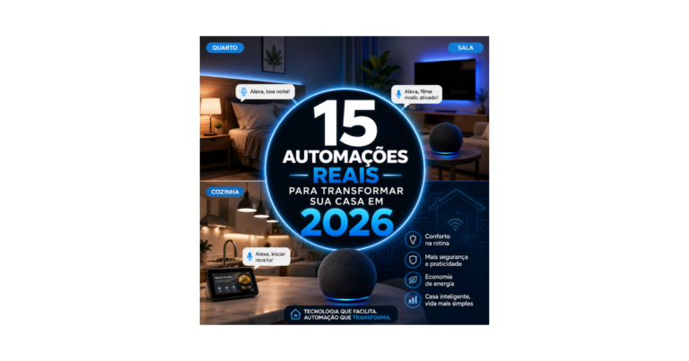Alexa controlando automações inteligentes no quarto, sala e cozinha com 15 rotinas reais para casa inteligente em 2026