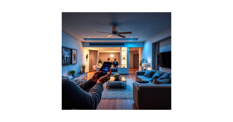 Pessoa configurando rotinas na Alexa em aplicativo de smartphone para automação de casa inteligente com luzes conectadas