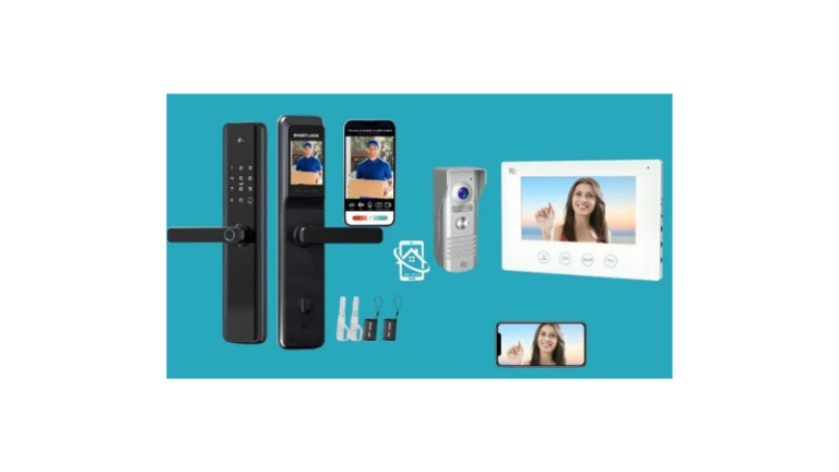 Sistema de segurança residencial inteligente com câmera Wi-Fi, fechadura digital e controle por aplicativo no celular em casa moderna automatizada.