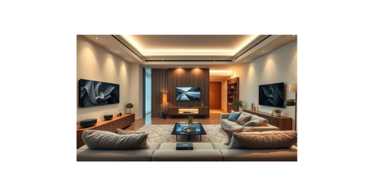 Casa inteligente moderna com Alexa, câmeras de segurança, iluminação automatizada e dispositivos smart home conectados para controle pelo celular
