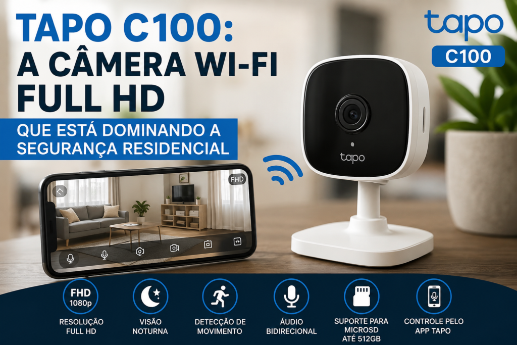 Câmera TP-Link Tapo C100 Wi-Fi Full HD para monitoramento residencial com visão noturna e acesso pelo aplicativo Tapo