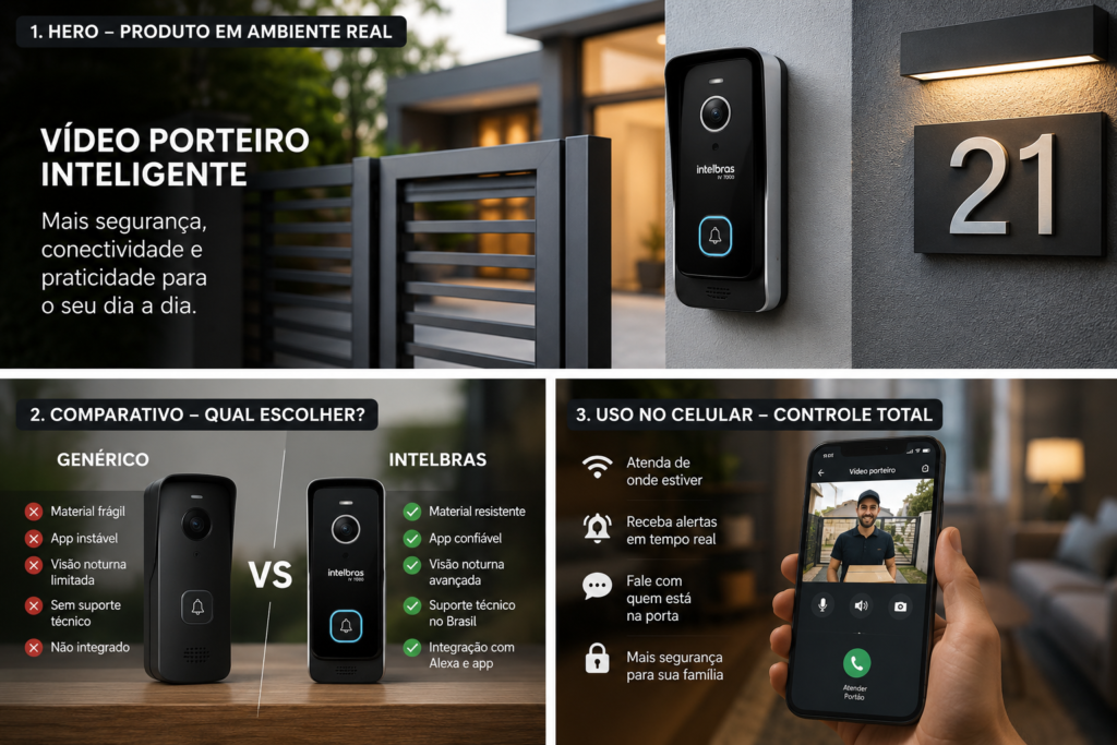 Vídeo porteiro inteligente instalado na entrada da casa permitindo monitoramento em tempo real, comunicação com visitantes e mais segurança residencial