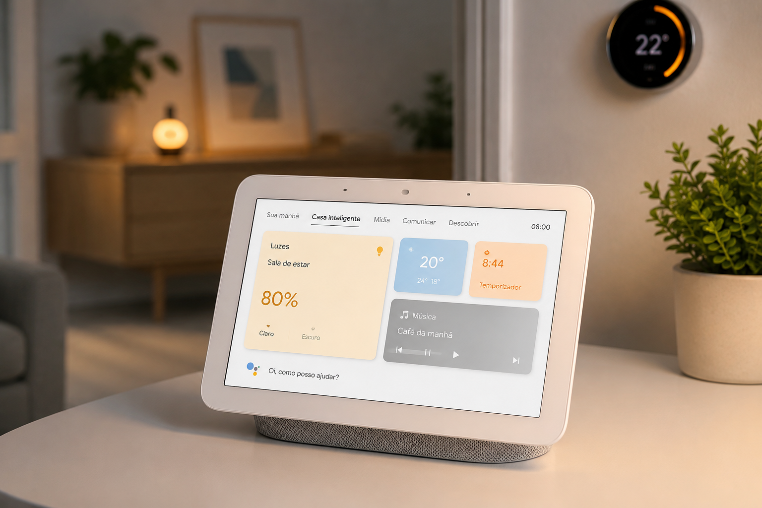 Google Nest Hub com Google Assistente em ambiente moderno de casa inteligente e automação residencial