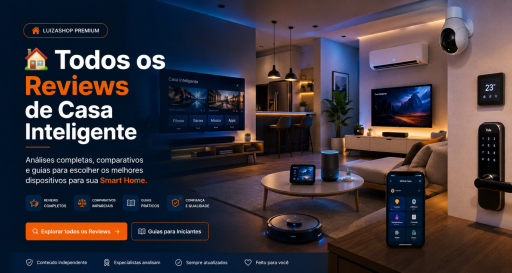 Banner da página Todos os Reviews de Casa Inteligente com dispositivos inteligentes como Smart TV, robô aspirador, Alexa, câmera de segurança, fechadura digital e automação residencial.